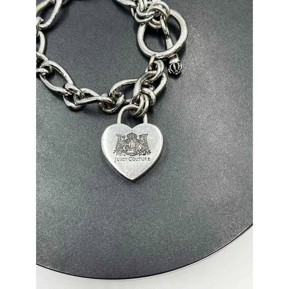 Juicy Couture Vintage Silver Tone Chunky Toggle Heart Charm Starter Bracelet‎